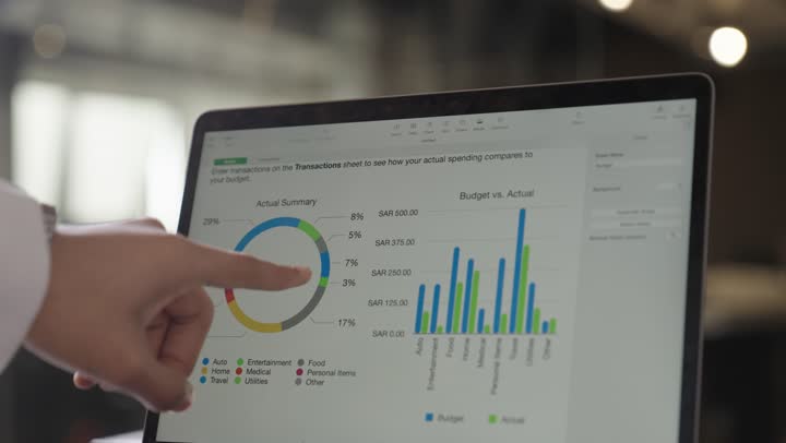 استخدام الاجهزة التقنية الحديثة في تسجيل النسب المئوية الخاصة بأداء الشركة , عرض شاشة جهاز لوحي بالاحصائية المرتبطة بأداء الموظفين و الارباح السنوية للشركات , الاشارة باصبع السبابة الي الرسم البياني الملون بالشاشة , رجل و امرأة