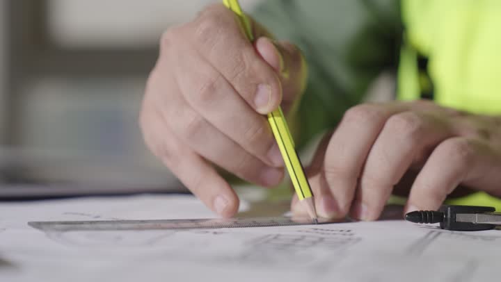 مهندس اجنبي يرتدي الزي الكاجوال و السترة الواقية العاكسة للضوء يستخدم المسطرة و القلم الرصاص لرسم خطوط متساوية , الدقة و التركيز في التخطيط المعماري