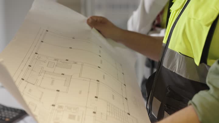 عرض المخطط الهندسي للكاميرا , رجل اجنبي يرتديالزي الكاجوال و السترة الواقية العاكسة للضوء يحمل المخططات الهندسية  , مهندسة عربية خليجية سعودية ترتدي العباءة السوداء تير باصبع السبابة الى التعديلات المطلوبة في الرسم الهندسي قبل بدء التنفيذ , تصوير مقرب