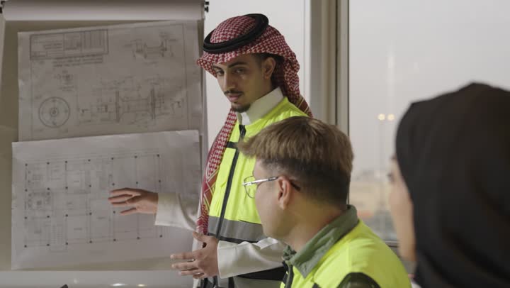 مفهوم العمل الجماعي , مهندس عربي خليجي سعودي يرتدي السترة الواقية العاكسة للضوء و الشماغ الملون يقوم بشرح المخططات الهندسية المعمارية لباقي فريق العمل, رجل اجنبي يرتدي الزي الكاجوال يستمع بانصات للمهندس , امراة عربية خليجية سعودية محجبة ترتدي العباءة السوداء تنظر الى الرسومات المعلقة