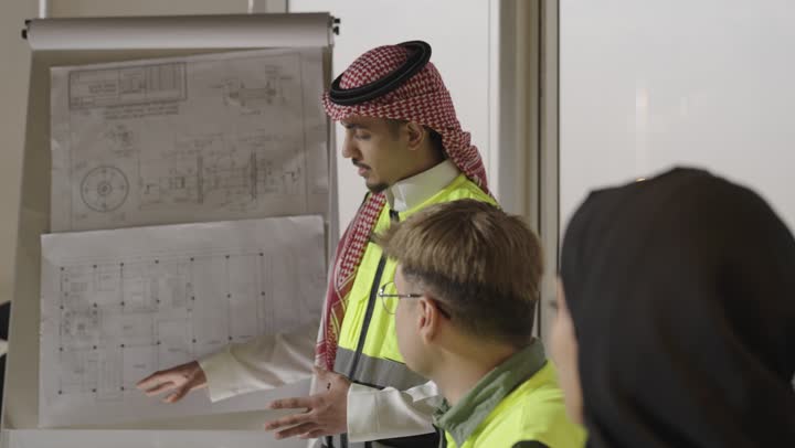 مهندس عربي خليجي سعودي يرتدي الثوب الابيض و الشماغ الملون يشرح لفريق العمل التخطيط الهندسي , امرأة عربية خليجية سعودية محجبة ترتدي عباءة سوداء تستمع الى الشرح بتركيز , رجل اجنبي يرتدي الزي الكاجوال يحرك رأسه اشارة الى الموافقة على كلام المهندس