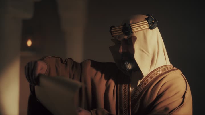 رجل  كبير السن عربي سعودي خليجي يرتدي البشت وعقال يفتح رسالة ورقية يوم التأسيس, ذكرى تأسيس الدوله السعوديه الاولى على يد  الامام محمد بن سعود, يوم بدينا 22 فبراير 1727م, الفخر بإنجازات الوطن, تحقيق الهويه الوطنيه