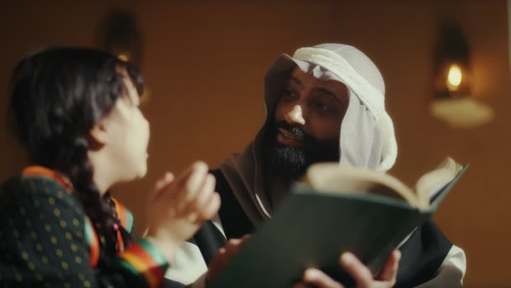 رجل عربي سعودي خليجي يرتدي البشت وعقال يوم التأسيس يجلس مع الاطفال وبجانبه فتاه تقرأ كتاب تاريخي قديم, ذكرى تأسيس الدوله السعوديه الاولى على يد  الامام محمد بن سعود, يوم بدينا 22 فبراير 1727م, الفخر بإنجازات الوطن, تحقيق الهويه الوطنيه