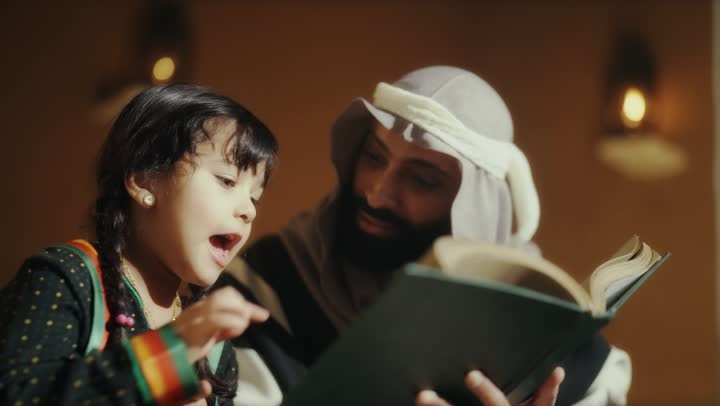 رجل عربي سعودي خليجي يرتدي البشت وعقال يوم التأسيس يجلس مع الاطفال وبجانبه فتاه تقرأ كتاب تاريخي قديم, ذكرى تأسيس الدوله السعوديه الاولى على يد  الامام محمد بن سعود, يوم بدينا 22 فبراير 1727م, الفخر بإنجازات الوطن, تحقيق الهويه الوطنيه