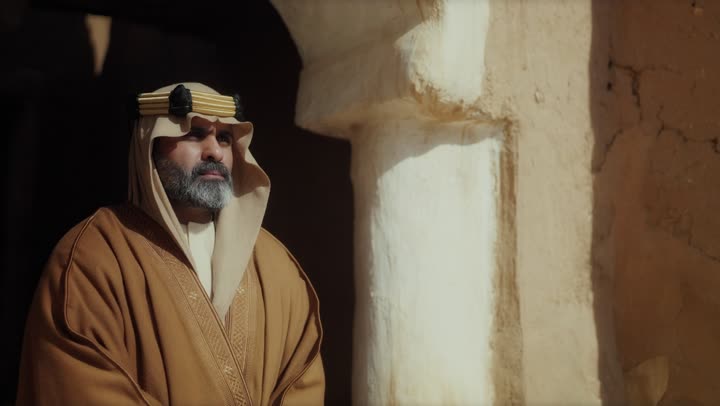 رجل  كبير السن عربي سعودي خليجي يرتدي البشت وعقال يوم التأسيس  يقف في مبنى طيني شعبي قديم بتعابير الجدية والحزم, ذكرى تأسيس الدوله السعوديه الاولى على يد  الامام محمد بن سعود, يوم بدينا 22 فبراير 1727م, الفخر بإنجازات الوطن, تحقيق الهويه الوطنيه