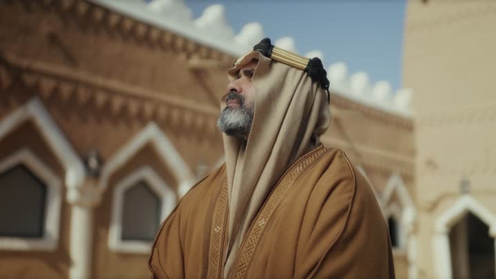 رجل  كبير السن عربي سعودي خليجي يرتدي البشت وعقال يوم التأسيس  يقف في مبنى طيني شعبي قديم وينظر للأعلى بتعابير الفخر والاعتزاز, ذكرى تأسيس الدوله السعوديه الاولى على يد  الامام محمد بن سعود, يوم بدينا 22 فبراير 1727م, الفخر بإنجازات الوطن, تحقيق الهويه الوطنيه