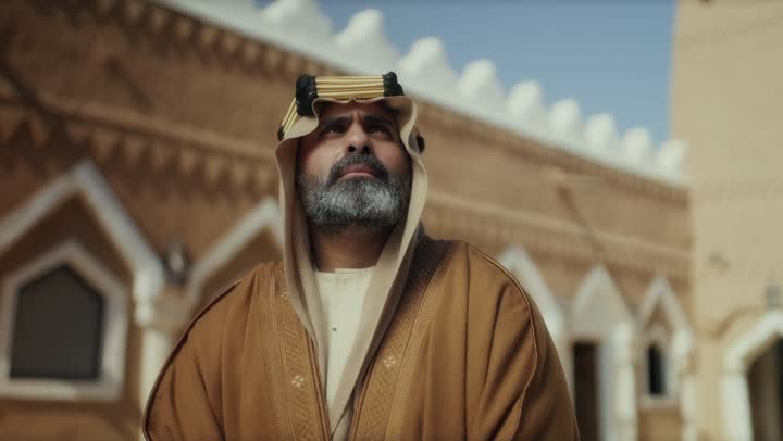 An elderly Arab Saudi Gulf man wearing a bisht and agal on Foundation Day stands in an old traditional mud building, looking up with expressions of pride and honor, commemorating the founding of the first Saudi state by Imam Muhammad bin Saud, on the day we began, February 22, 1727 AD, pride in the nation's achievements, and the realization of national identity.