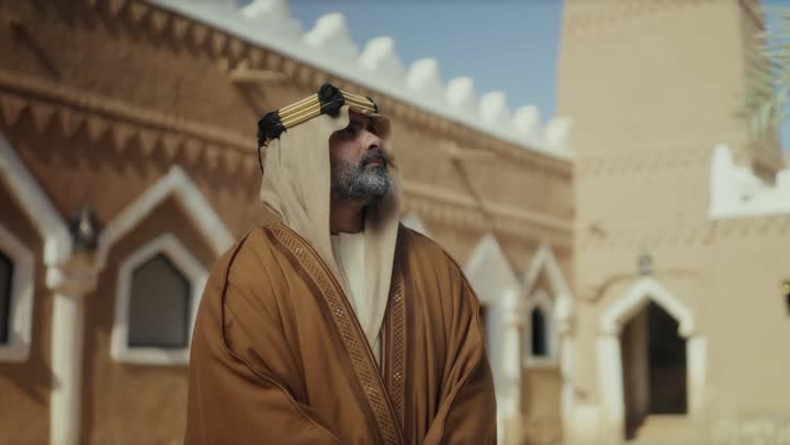 An elderly Arab Saudi Gulf man wearing a bisht and agal on Founding Day stands in an old traditional mud building looking at something above, commemorating the establishment of the first Saudi state by Imam Muhammad bin Saud, on the day we began, February 22, 1727 AD, pride in the nation's achievements, and the realization of national identity.