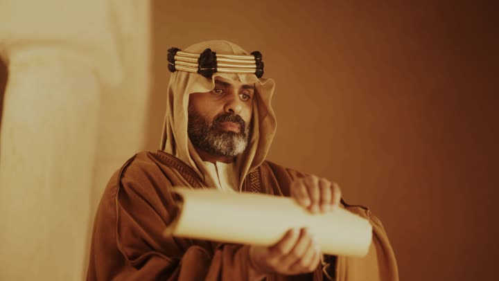 رجل كبير السن عربي سعودي خليجي يرتدي البشت وعقال يوم التأسيس يقرأ مضمون لفافة ورقية داخل مبنى طيني, ذكرى تأسيس الدوله السعوديه الاولى على يد الامام محمد بن سعود, يوم بدينا 22 فبراير 1727م,  العمق التاريخي والحضاري للمملكة، ارتداء الأزياء التقليدية تعكس التراث