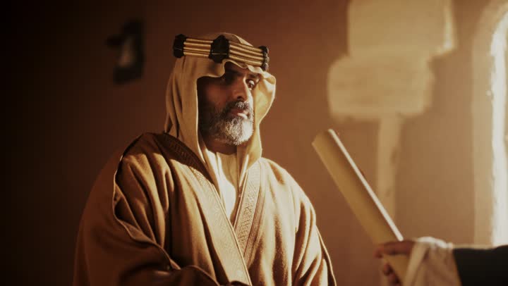 رجل كبير السن عربي سعودي خليجي يرتدي البشت وعقال يوم التأسي يستلم رسالة في لفافة ورقية داخل مبنى طيني, ذكرى تأسيس الدوله السعوديه الاولى على يد الامام محمد بن سعود, يوم بدينا 22 فبراير 1727م,  العمق التاريخي والحضاري للمملكة، ارتداء الأزياء التقليدية تعكس التراث