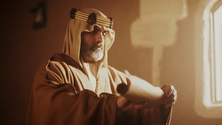 رجل كبير السن عربي سعودي خليجي يرتدي البشت وعقال يوم التأسي يمسك بيده رسالة في لفافة ورقية داخل مبنى طيني, ذكرى تأسيس الدوله السعوديه الاولى على يد الامام محمد بن سعود, يوم بدينا 22 فبراير 1727م,  العمق التاريخي والحضاري للمملكة، ارتداء الأزياء التقليدية تعكس التراث