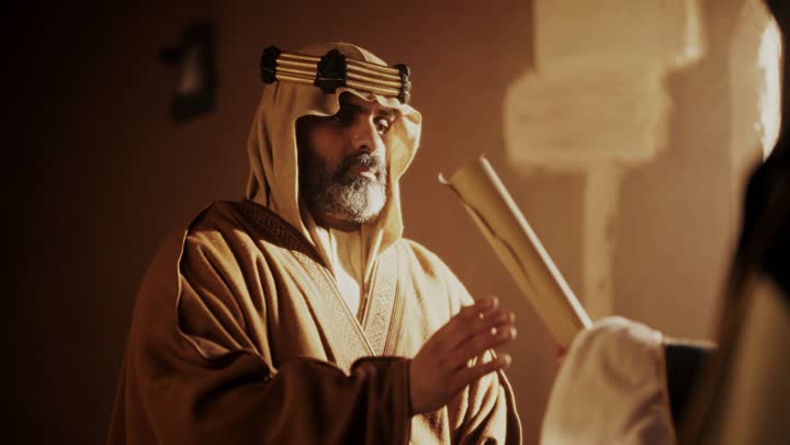 رجل كبير السن عربي سعودي خليجي يرتدي البشت وعقال يوم التأسي يستلم رسالة في لفافة ورقية داخل مبنى طيني, ذكرى تأسيس الدوله السعوديه الاولى على يد الامام محمد بن سعود, يوم بدينا 22 فبراير 1727م,  العمق التاريخي والحضاري للمملكة، ارتداء الأزياء التقليدية تعكس التراث