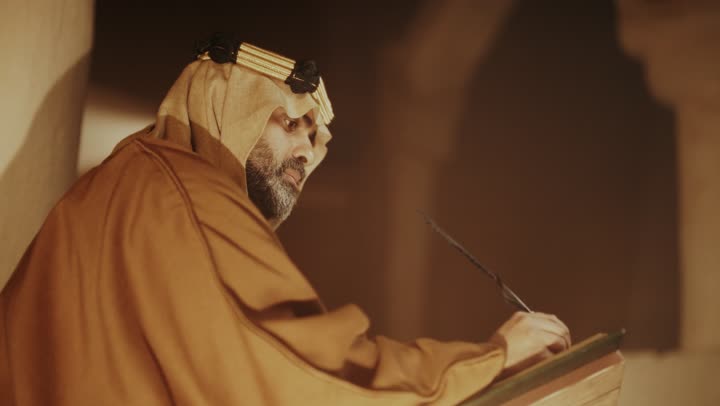 Wearing traditional attire reflects heritage. An elderly Arab Saudi Gulf man wearing a bisht and agal on Founding Day is writing a message on an old paper scroll, commemorating the establishment of the first Saudi state by Imam Muhammad bin Saud, on the day we began, February 22, 1727 AD, the historical and cultural depth of the Kingdom.