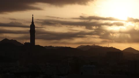 Makkah Royal Clock Tower Sunset Silhouette Footage