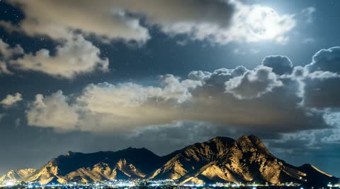 Full Moon Over Mountains and City Night Timelapse