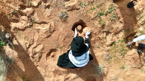 Saudi Volunteers Planting Trees in Desert Aerial Shot