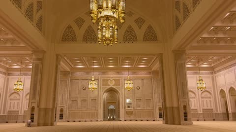 Grand Mosque Interior Chandelier Tilt Down Footage