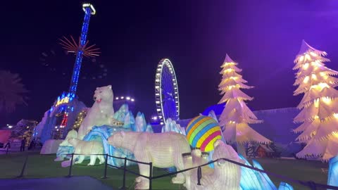 Winter Theme Park Night Illumination Attractions Footage