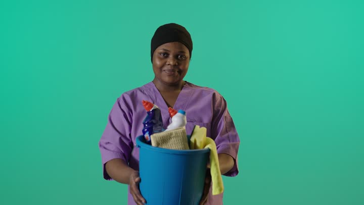 African Female Cleaner Green Screen Chroma Key Footage