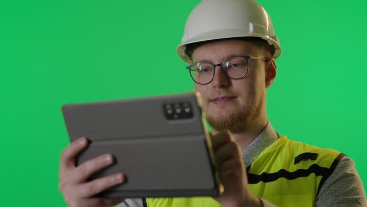 Engineer Green Screen Digital Tablet Usage Footage