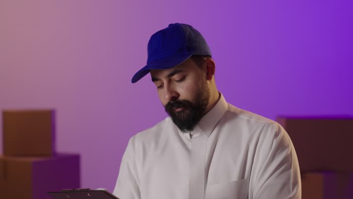 عامل توصيل سعودي يكتب على لوحة ملاحظات في مستودع