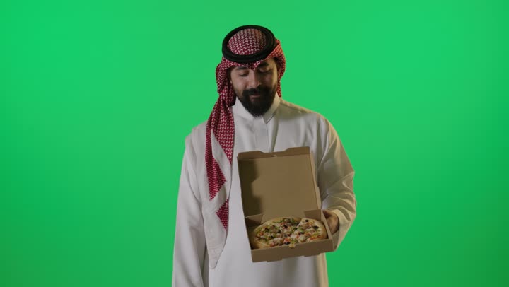 Saudi Man Holding Pizza Box Thumbs Up Green Screen