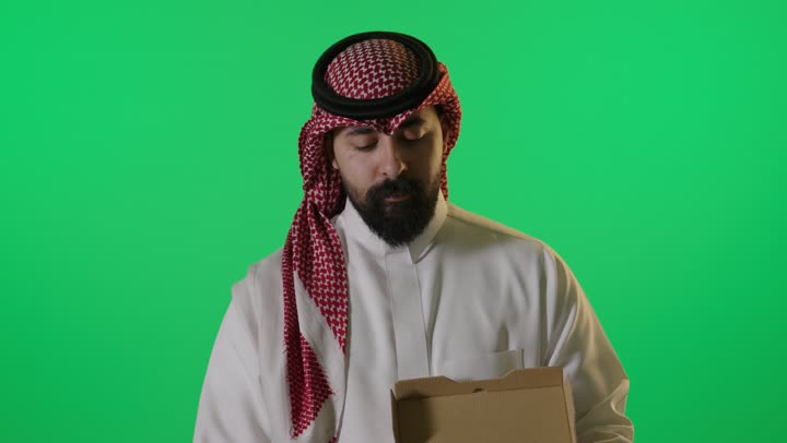 Saudi Man Opening Pizza Box Green Screen Footage