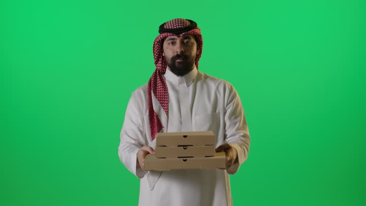 Saudi Man Holding Pizza Boxes on Green Screen