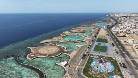 Aerial drone photography of the waterfront of the city of Duba in Saudi Arabia.