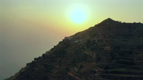 Saudi Arabia Mountain Terraces Aerial Sunset Footage