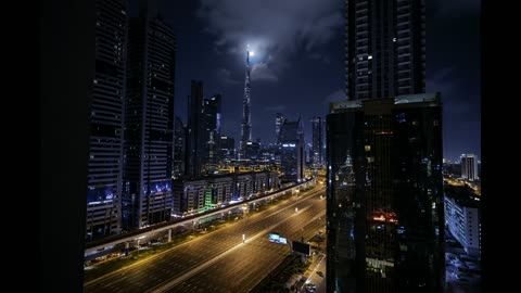 لقطات ليلية لبرج خليفة وأفق مدينة دبي وشارع الشيخ زايد