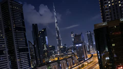 Burj Khalifa Dubai Skyline Night to Day Tilted Timelapse