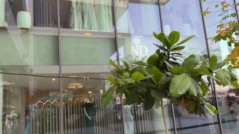 واجهة متجر أزياء فاخرة مع فساتين وعارضات