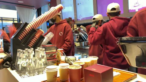 Baristas Working in Modern Cafe Service Counter