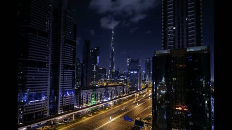 Burj Khalifa Dubai Night Skyline with Highway Traffic