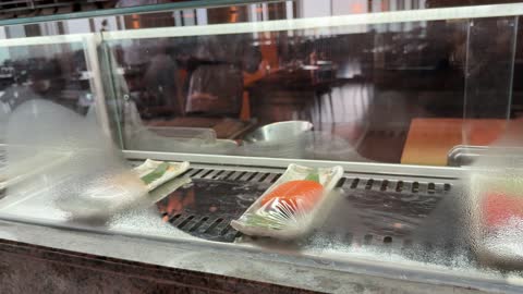 Fresh Salmon Sashimi In Restaurant Display Case