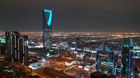 Kingdom Centre Riyadh Skyline Night Aerial Drone Footage