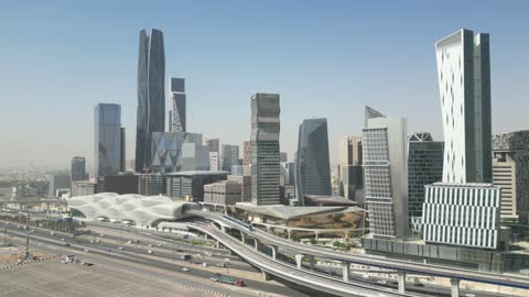 KAFD Riyadh Skyline and Metro Station Aerial Footage
