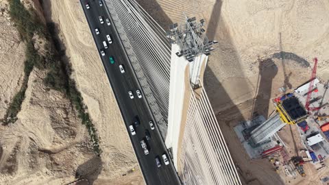 Aerial View of Cable Stayed Bridge and Traffic