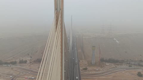 Cable Stayed Bridge Riyadh Fog Aerial Drone Footage