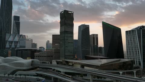 Riyadh KAFD Skyscrapers Sunset Aerial Drone Footage