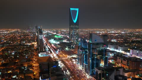 Kingdom Centre Riyadh Saudi Arabia Night Aerial Drone