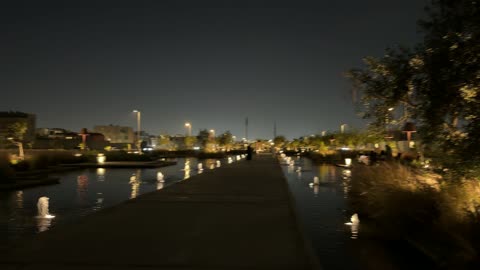 Modern Urban Park Night Walkway with Water Fountains