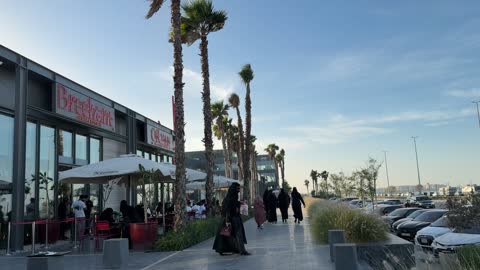 Pedestrians Walking on Palm Tree Promenade Saudi Arabia
