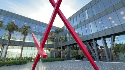 Red Abstract Sculpture Modern Office Building Exterior