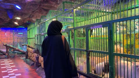امرأة سعودية تزور أقفاص حديقة حيوان داخلية