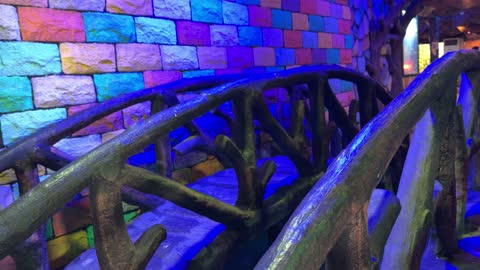 Indoor Wooden Bridge Over Pond with Colored Brick Wall