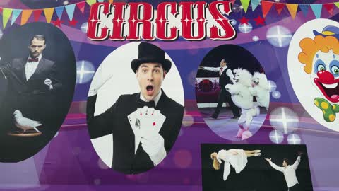 Circus Advertisement Billboard With Magician And Clown