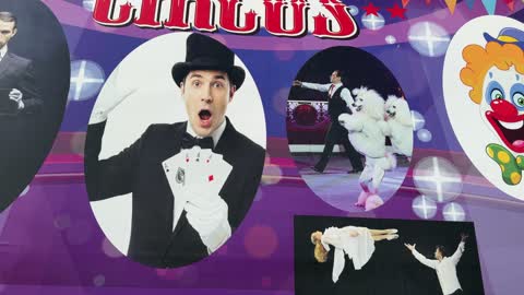 Circus Advertisement Billboard with Magician and Clown