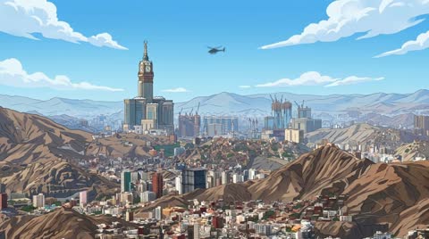 رسوم متحركة لمدينة مكة المكرمة وبرج الساعة في السعودية